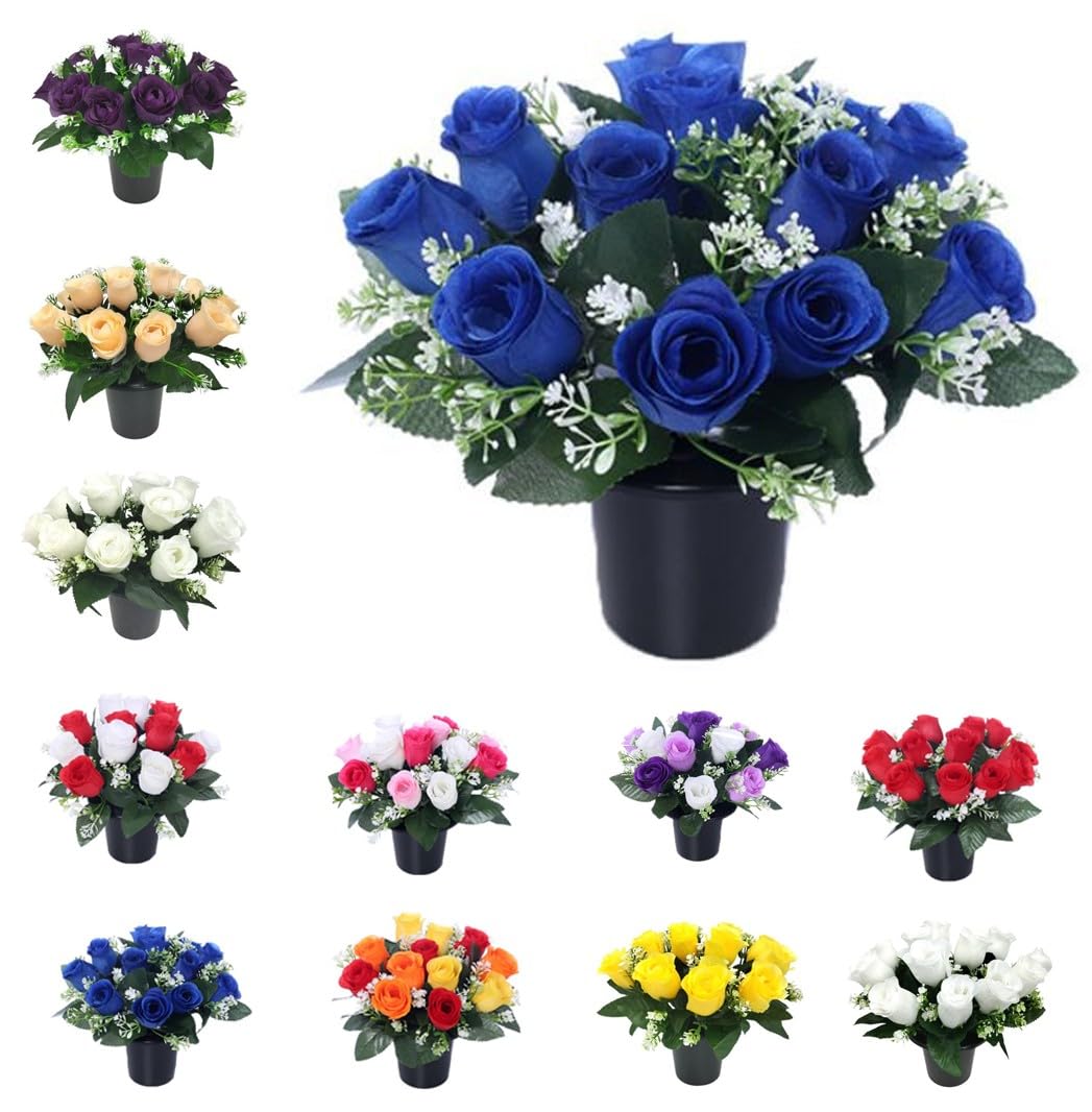 Mr. Barry’s Rose Artificial Flowers in Grave Flower Pots – UV-Resistant, Realistic, Long-Lasting Design for Cemetery, Grave Displays, Memorial Tributes, Home & Garden Floral Arrangements (Blue)