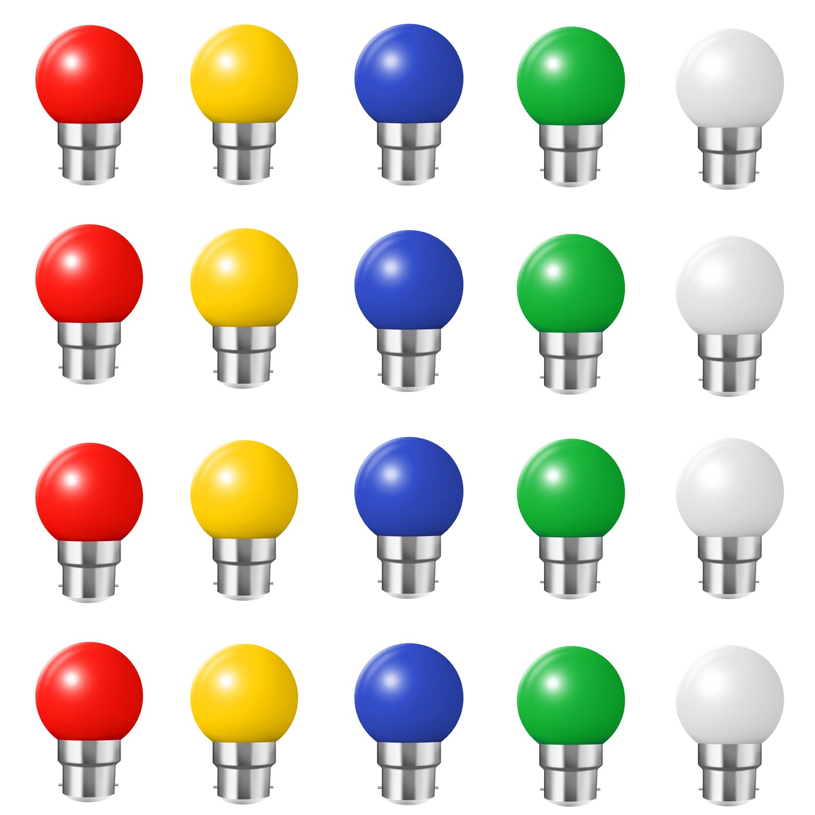 HUAMu 20 Pack B22 Bayonet Cap LED Coloured Light Bulbs, 2W G45 Mini Globe Golfball Bulbs for Outdoor Patio Garden Party Christmas, Mixed Colored Red Yellow Blue Green Cool White
