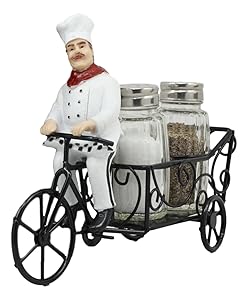 Ebros French Bistro Chef Riding On Bicycle Spice Cart Salt And Pepper Shakers Holder Figurine 6"Tall Iron Chef Spice Delivery