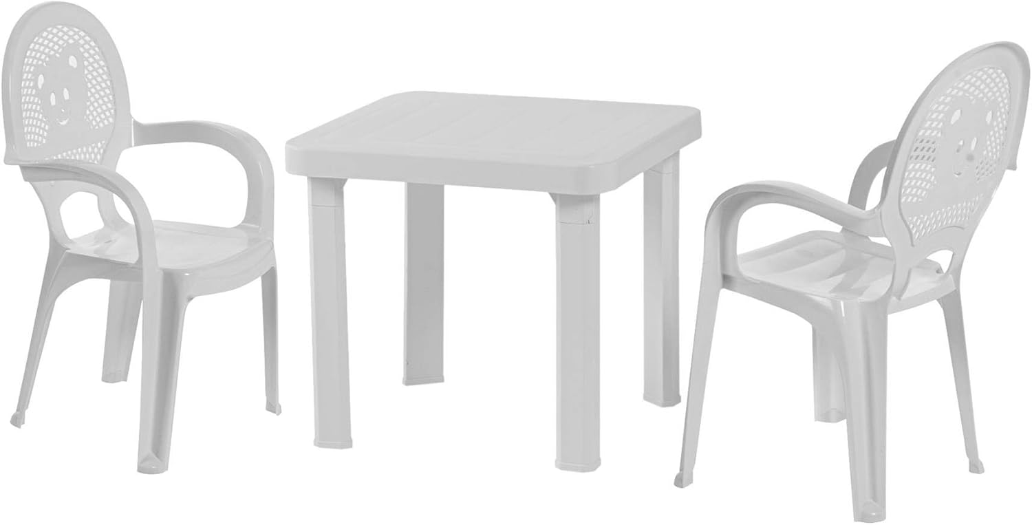 white plastic table and chairs