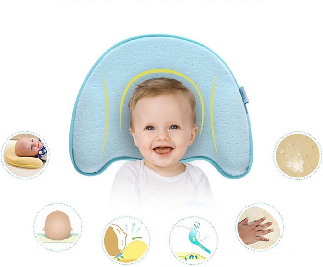 OOAGE Hypoallergenic Memory Foam Baby Pillow to Prevent Flat Head Cot Pillow, Washable Velvet Cover- Blue