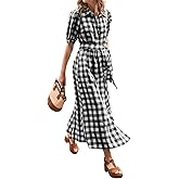CHARTOU Women Summer Plaid Puff Short Sleeve Dress Button Down Long Shirt Dress with Belt