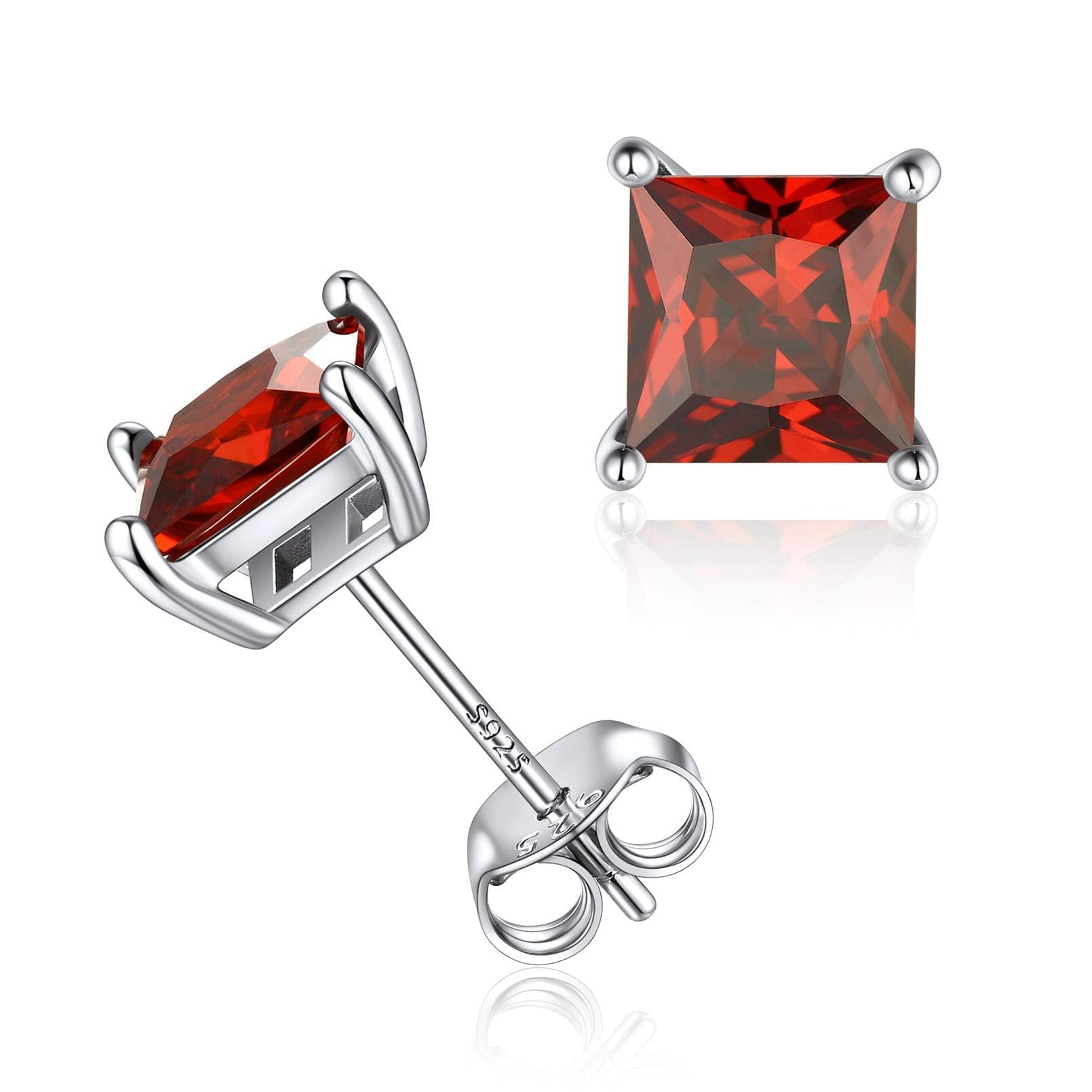 ChicSilver July Birthstone Stud Earrings Sterling Silver Princess Cut Simulated Ruby Earring for Women Hypoallergenic Fashion Jewellery