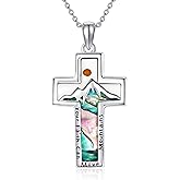 VONALA Abalone Cross Necklace for Women 925 Sterling Silver Mustard Seed Necklace Faith Move Mountains Pendant Christian Jewelry