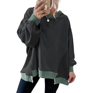 SHEWIN Womens Sweatshirt Crewneck Waffle Knit Tops Color Block Oversized Sweaters Fall Outfits for Women 2026