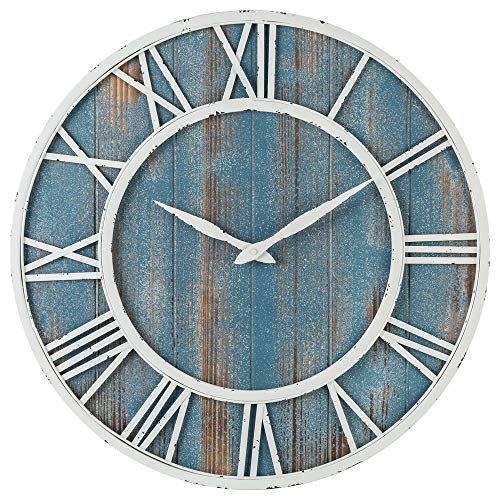 24" Coastal Wall Clock Metal & Solid Wood Noiseless Weathered Beach Blue Wall Clock (Coastal
