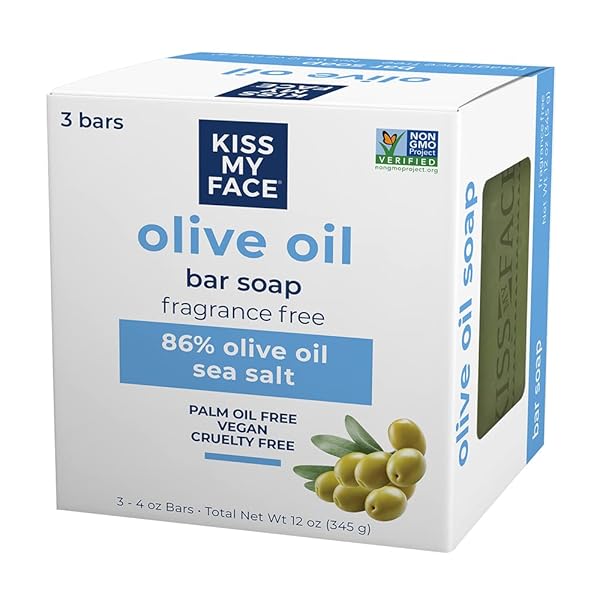 KISS MY FACE OLIVE OIL FRAGRANCE FREE BAR SOAP, MOISTURIZING BAR SOAP, CRUELTY FREE VEGAN SOAP, PALM OIL FREE, 4 OZ – 3 COUNT (PACK OF 1)
