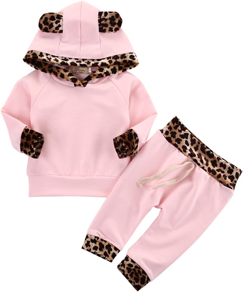 Baby Girl 2pcs Set Outfit Leopard Hooded with Pocket Top+Hooded Long Pants Suit Set