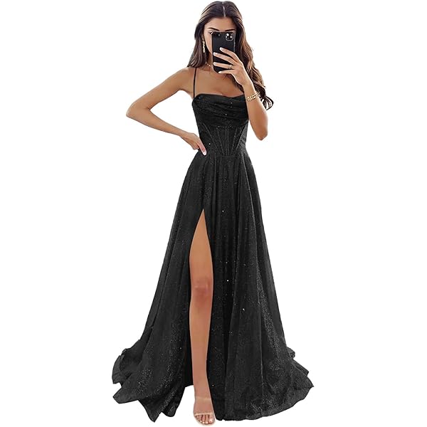 open lace back dress A-Line Corset Sparkly Tulle Black Prom Dress with Slit 2025 Ball Gown Cowl  Neck Backless Corset Formal Ball Gown for Teens 0 at Amazon Women's  Clothing store