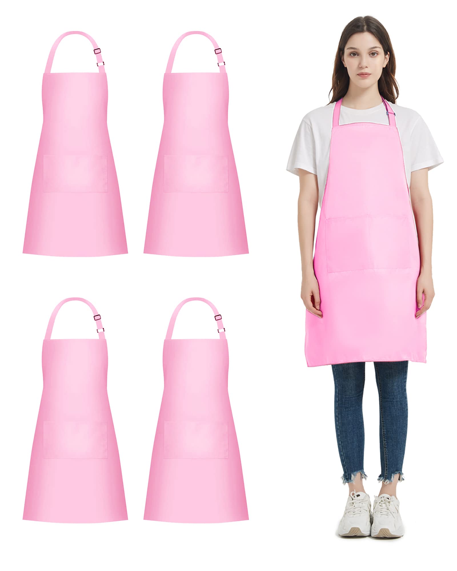 atopo 4 Packs Chef Apron with 2 Pockets, Waterproof Adjustable Apron for Men Women Perfect for Kitchen Cooking Baking Gardening Restaurant BBQ Coffee House, Professional Apron (Pink)