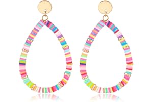 XOCARTIGE Heishi Drop Earrings for Women Rainbow Vinyl Disc Bead Dangle Earrings Lightweight Teardrop Earrings Studs Summer Beach Jewelry
