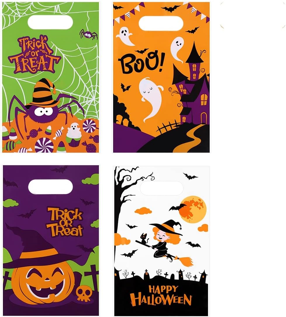 Holiday Décor Storage - Hemoton 100pcs Halloween Candy Bags Reusable 4 Patterns Portable Goody Bags Trick or Treat Bags Halloween Treats Bags Party Favors