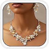 Yean Gold Bridal Jewelry Set Rhinestone Necklace and Earring Set Pearl Costume Prom Jewelry for Women and Bride
