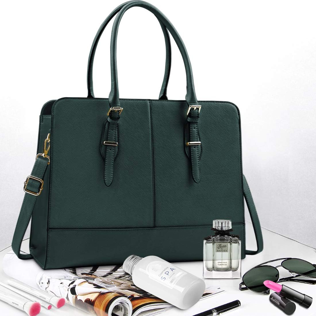 Women Laptop Bag Leather Work Tote 15.6 Inch Laptop Computer Bag Business Shoulder Messenger Bag (DeepGreen): Electronics