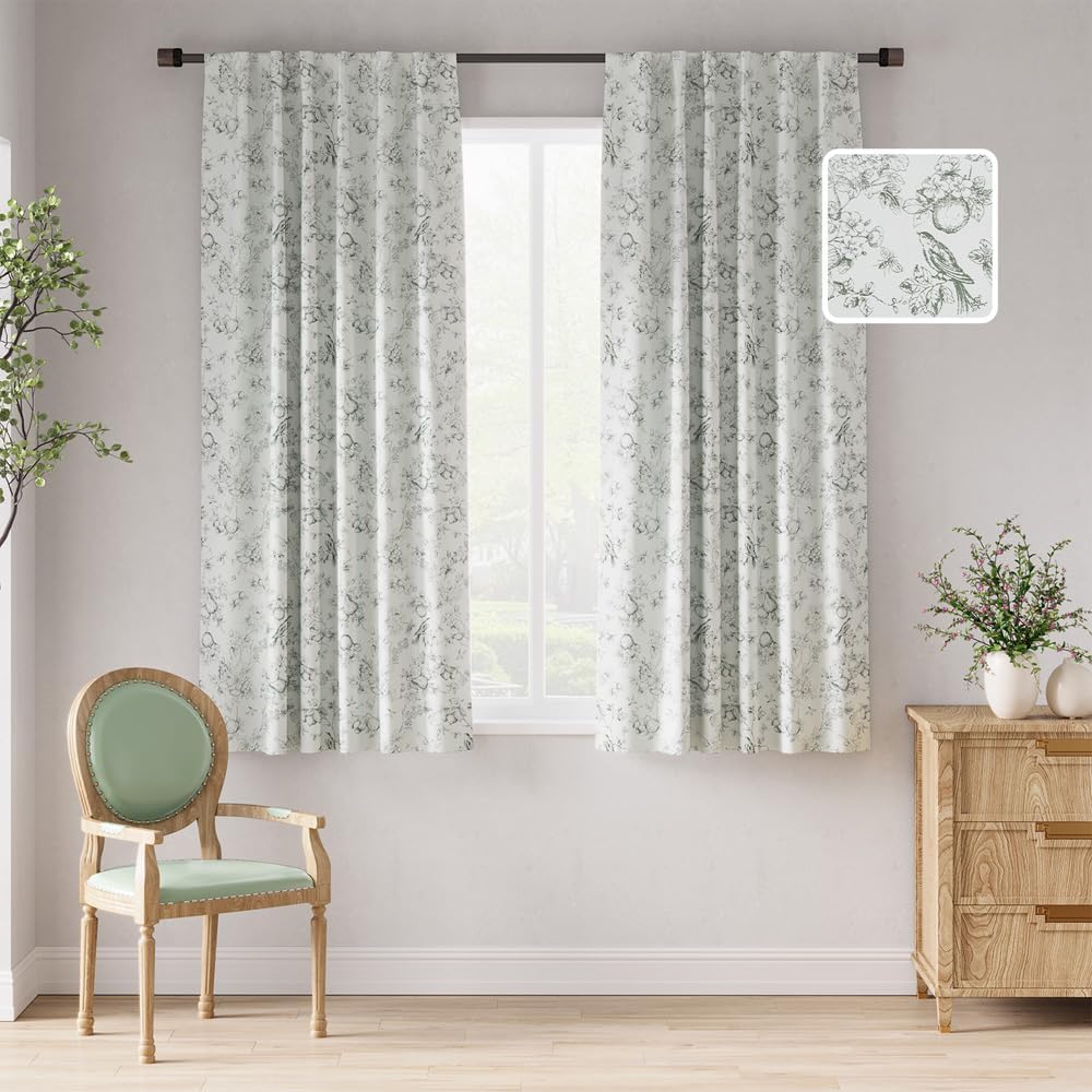 Photo 1 of jinchan 95% Blackout Floral Curtains 63 Inch Length, Printed Flower Sage Green Blackout Curtain for Bedroom Rod Pocket Back Tab Blackout Curtains Thermal Insulated Window Drapes, 2 Panels
