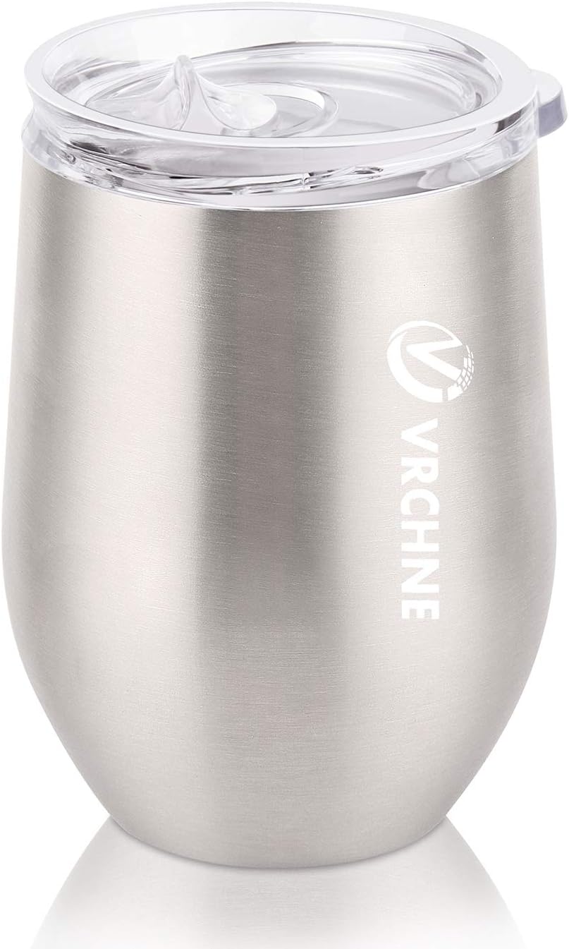 Stainless Steel Wine Tumbler - Vrchne Insulated Wine Tumbler with Splash Resistant Sliding Lid, 12 oz Vacuum Metal Wine Glasses for Wine Coffee Cocktail Champagne Drinks