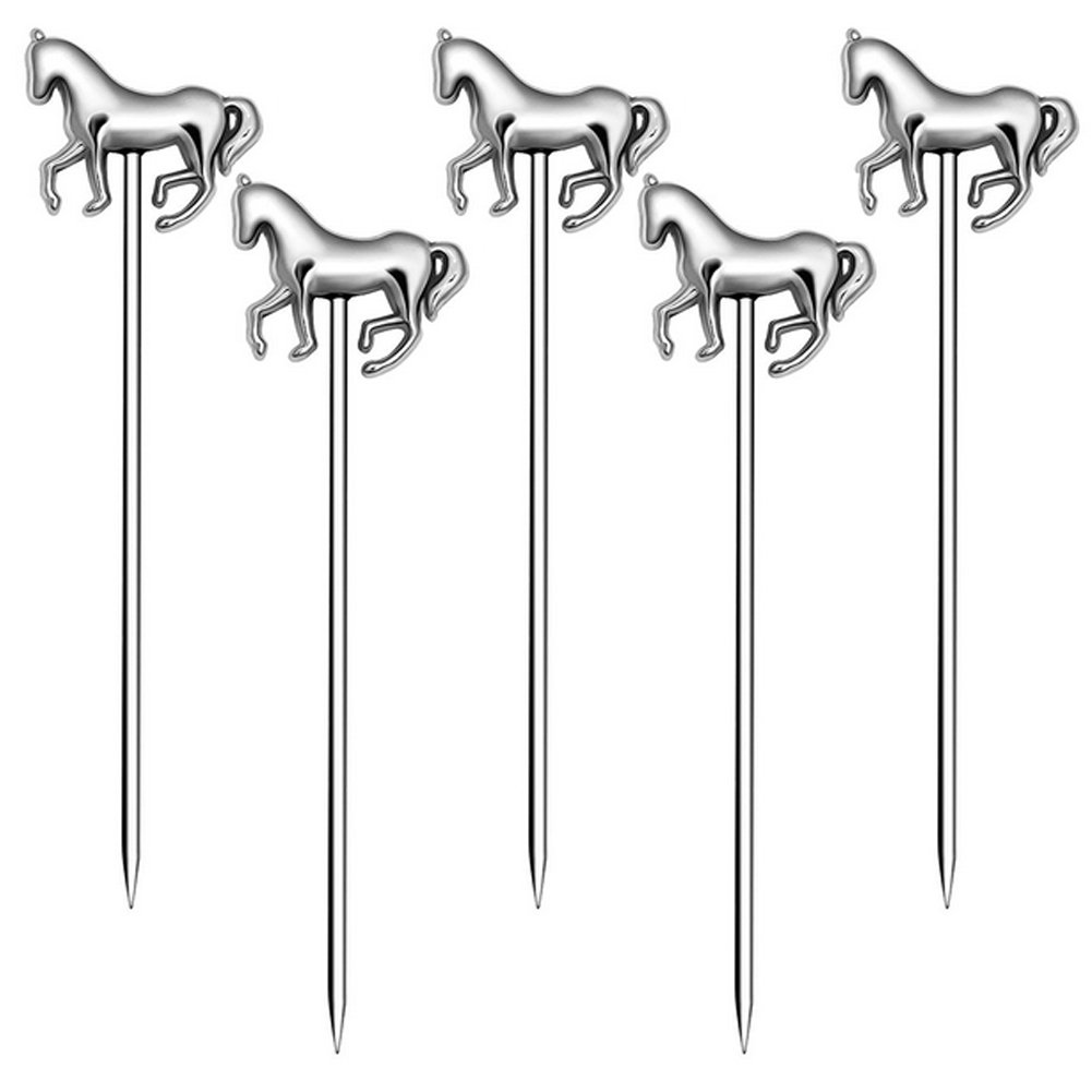 Cocktail Picks Stick, Cocktail Toothpicks Stainless Steel Martini Olive Picks for Bar Barbecue Fruit, Bloody Mary Drink Sticks (5pcs,Sliver Horse)