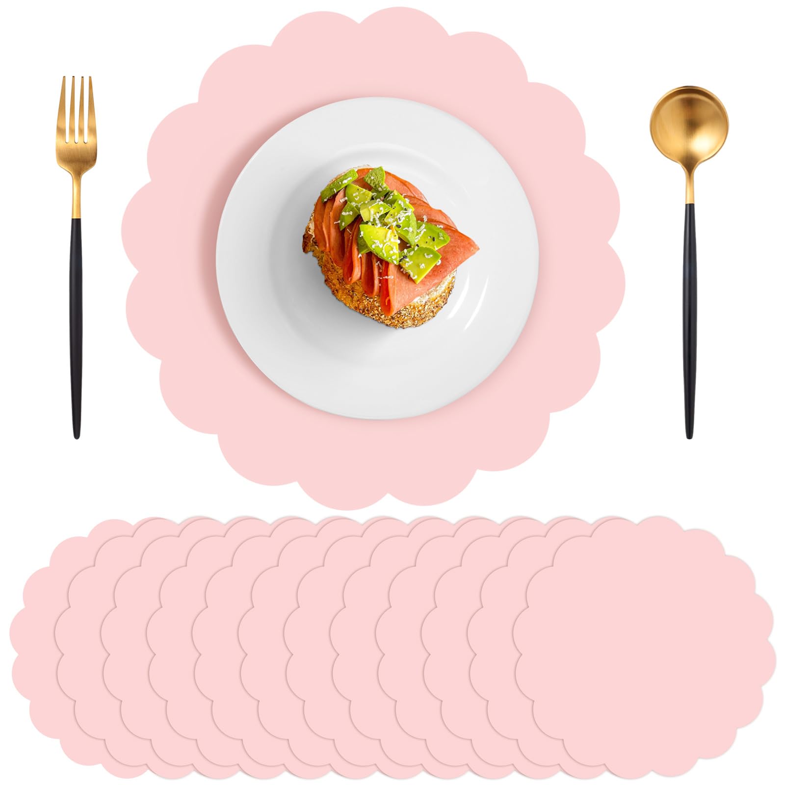 Photo 1 of 120 Pcs Light Pink Paper Placemats, 13.5 Inch Disposable Scalloped Placemat Round Table Place Mats Decorative Paper for Birthday Wedding Bridal Shower Baby Shower Banquet Tea Party