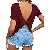Zuoyouzi Women's Twist Backless Short Sleeve T Shirts Tops Round Neck Curved Hem Casual Workout Tee T-Shirts