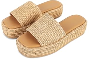 EQAUDES Platform Sandals for Women Espadrille Sandals Wedge Sandals for Women Cute Beach Straw Raffia Sandals Comfortable Brown Sandals Vacation for Women