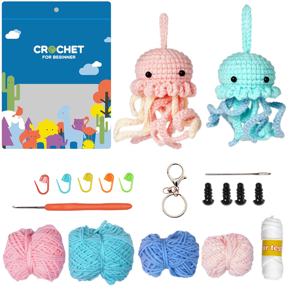 SUNNYCLUE Crochet Keychain Kit Beginner Crochet Kit Cute Animals Jellyfish Learn to Crochet Kit Step-by-Step Videos Complete Crochet Set 3D Knitting Crocheting Kit for Adult Starters Gift