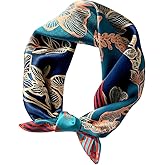 MEISEE Pure Natural Mulberry Silk Scarfs Women Small Square Scarf 21" x 21" Breathable Lightweight Neckerchief Printed Headscarf (Red + blue flowers)