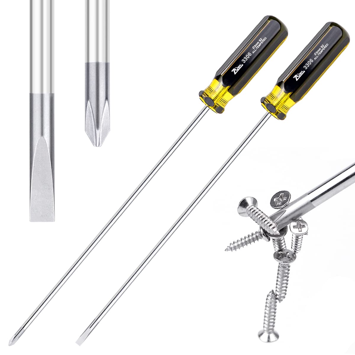 Slotted and Phillips Screwdriver, 2 PCS 15" Long Screwdriver Set - Cross-Head Screwdriver & Flat Blade Screwdriver, High Strength Magnetic Screwdriver (2)