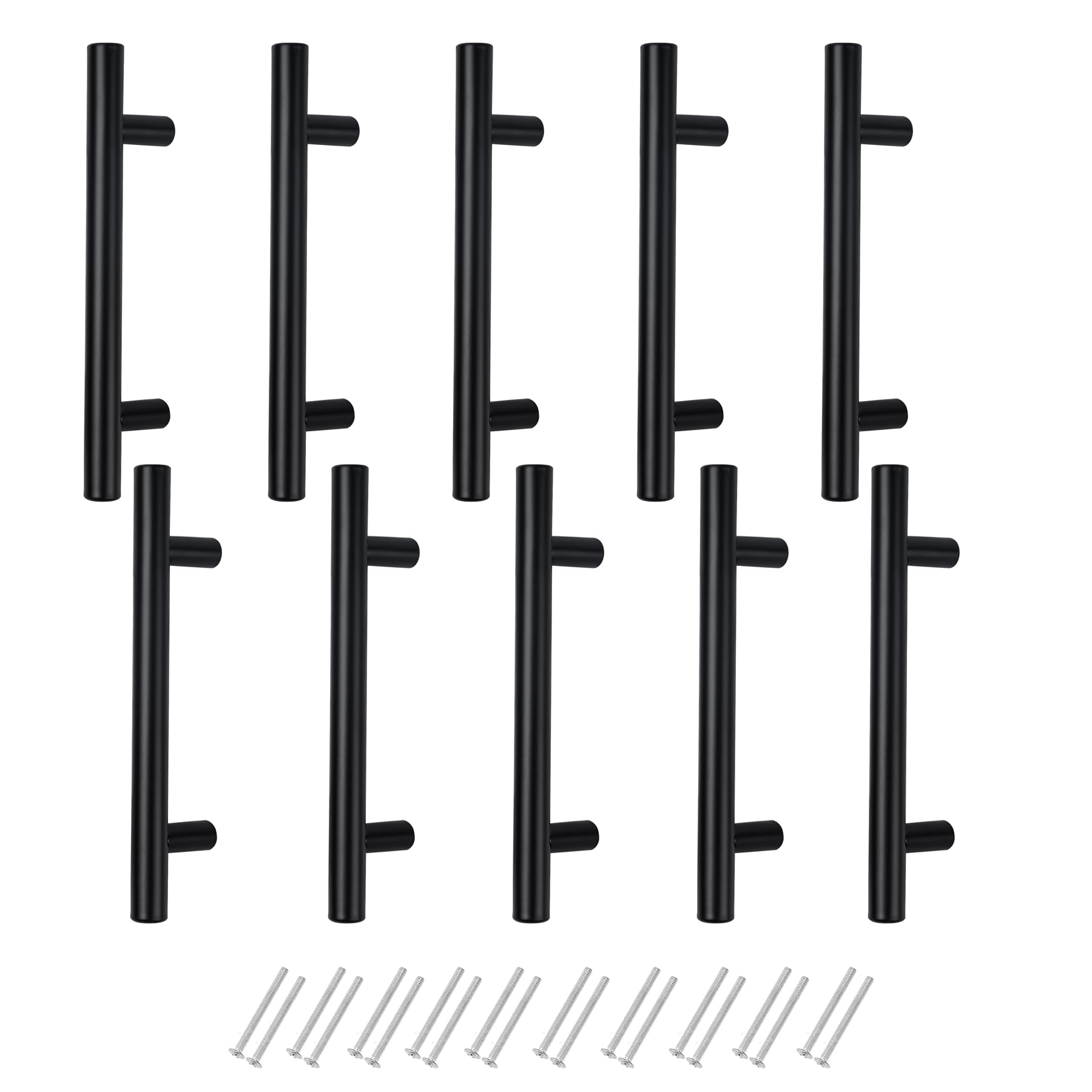 Anhoer 10 Pack Kitchen Cupboard Handles 96mm Hole Centre - Black T Bar Cabinet Handles for Wardrobe, Drawer, Door - Stainless Steel