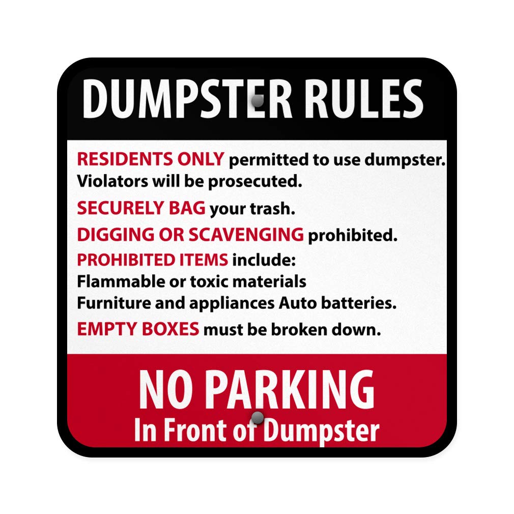 Photo 1 of Aluminum Square Metal Sign Multiple Sizes Dumpster Rules Residents Only Violators Will Be Prosecuted A Black Facility Property with Border Weatherproof Street 12x12Inches