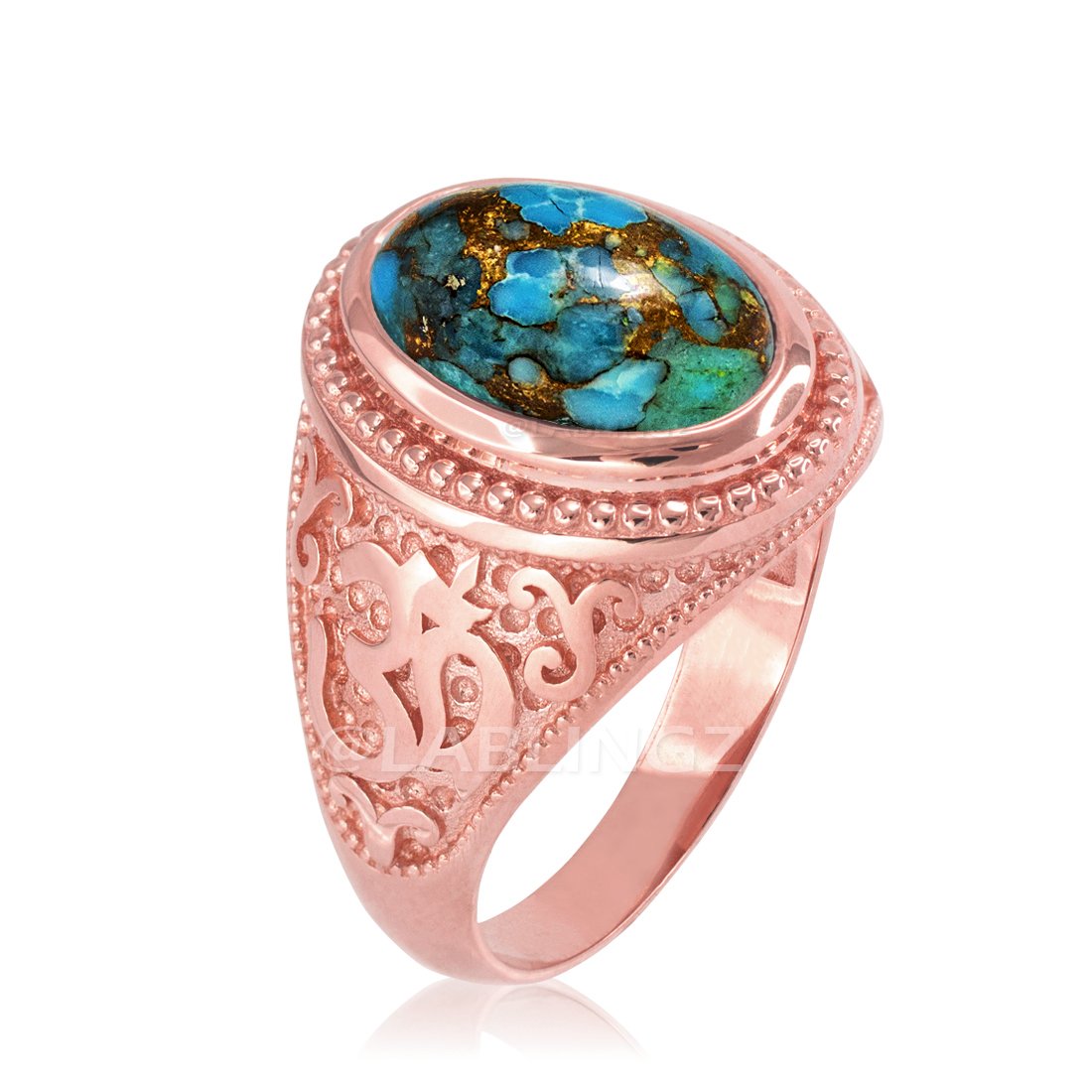 10K Rose Gold Om (Aum) Mantra Blue Copper Turquoise Yoga Ring