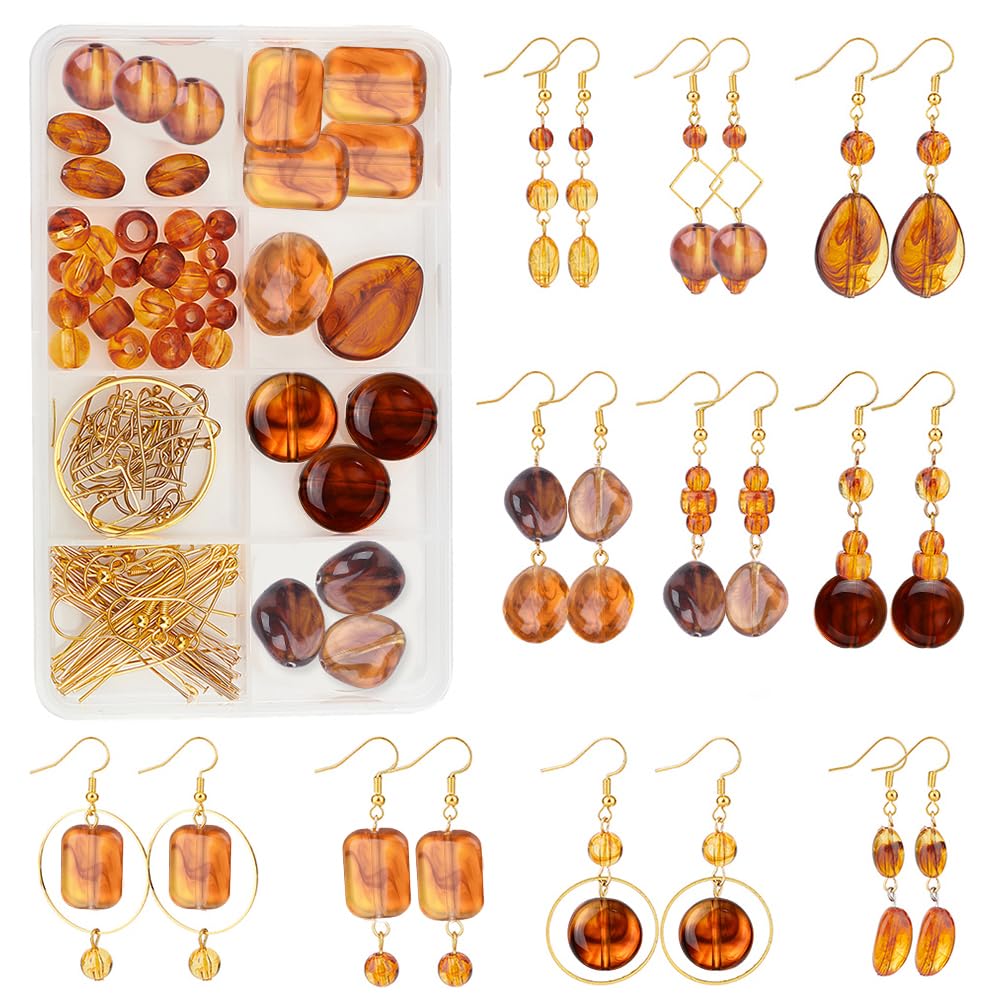 SUNNYCLUE 1 Box DIY 10 Pairs Teardrop Beads Acrylic Amber Beads for Earring Making Kit Flat Round Sandy Brown Oval Chocolate Acrylic Beads Starters Beginners DIY Craft Adult Women