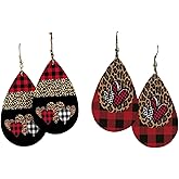 Valentine's Day Love Heart Leather Earrings Red Black Striped Buffalo Plaid Check Dangle Earrings Buffalo Leopard Printed Drop Earring for Women Jewelry