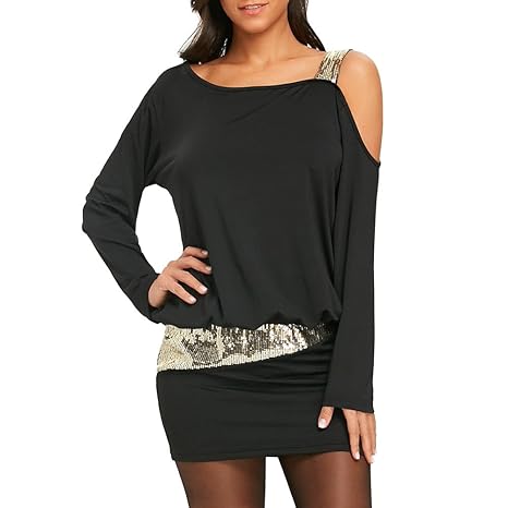 Honestyi Schulterfreies Paillettenkleid Mode Damen Sexy Trägerlose Kalte Schulter Pailletten Bling Mini Blouson Kleid