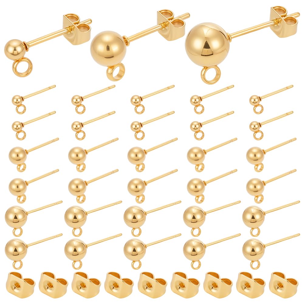 UNICRAFTALE 30pcs 3 Sizes Stainless Steel Stud Earrings Kits 304 Stainless Steel Ball Post Ear Stud Findings with Loop and Iron Ear Nuts Golden Stud Earrings for DIY Earring Making