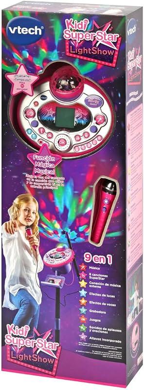 - Kidi Superstar LightShow, Micrófono Karaoke Interactivo 9 en 1, Bola de Discoteca, Aprende a Cantar, Efectos de Voz y Luces, Grabadora y Juegos Musicales, Versión ESP