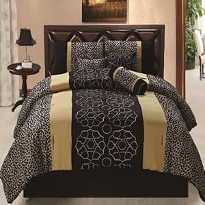 Amazon.com: 7pcs Black Gold Gray Leopard Embroidered Bed