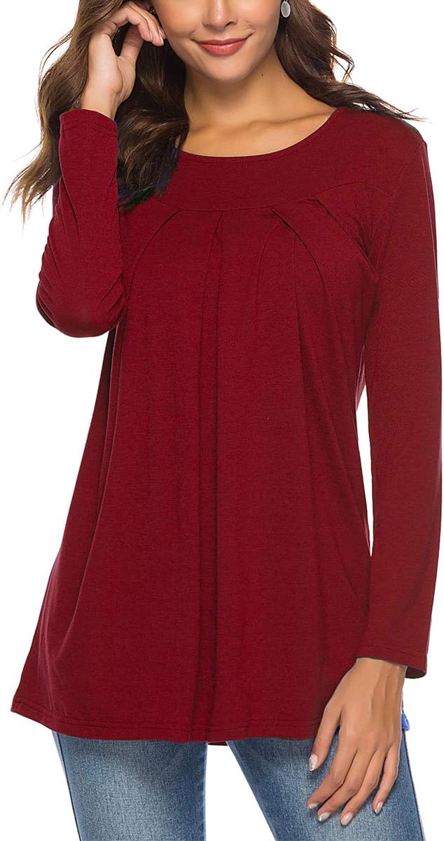 Junior Pleated Front Tunic Tops Tshirts Round Neck Plain Tee Tops Burgundy L