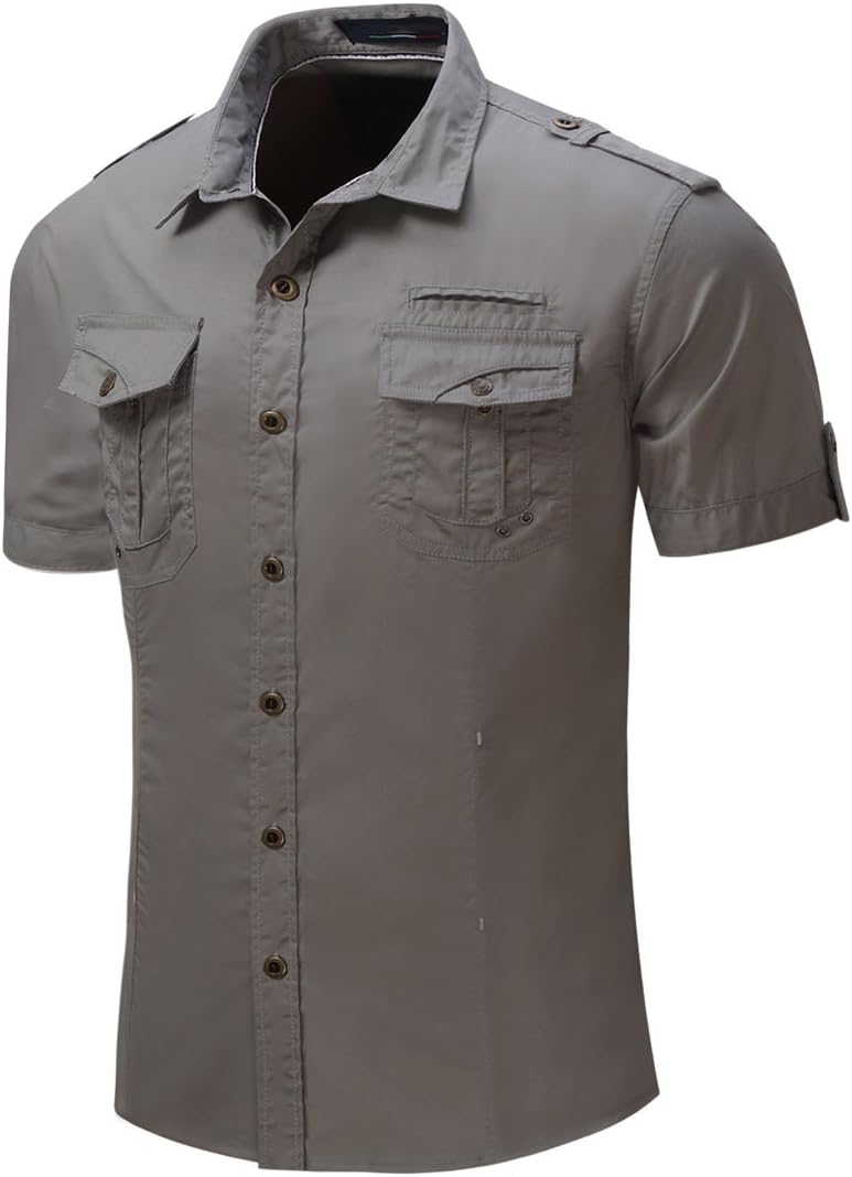 uniquetotop Mens Classic Short Sleeve Casual Shirt, Army Style Formal Shirts Regular Fit