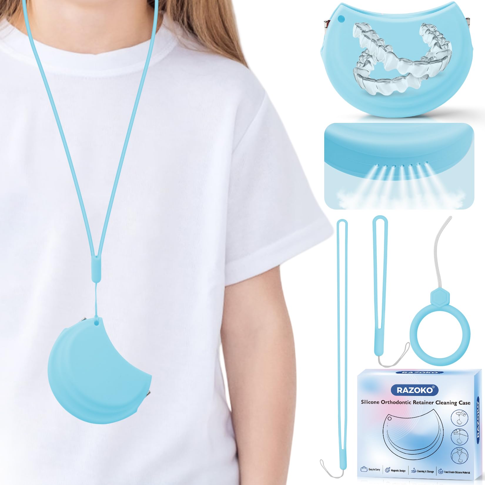 Photo 1 of RAZOKO Silicone Retainer Case with 3 Lanyard Cute Aligner Case Vent Holes Night Mouth Guard Case Retainer Holder for Girl Women Kids Men for Travel (Blue)