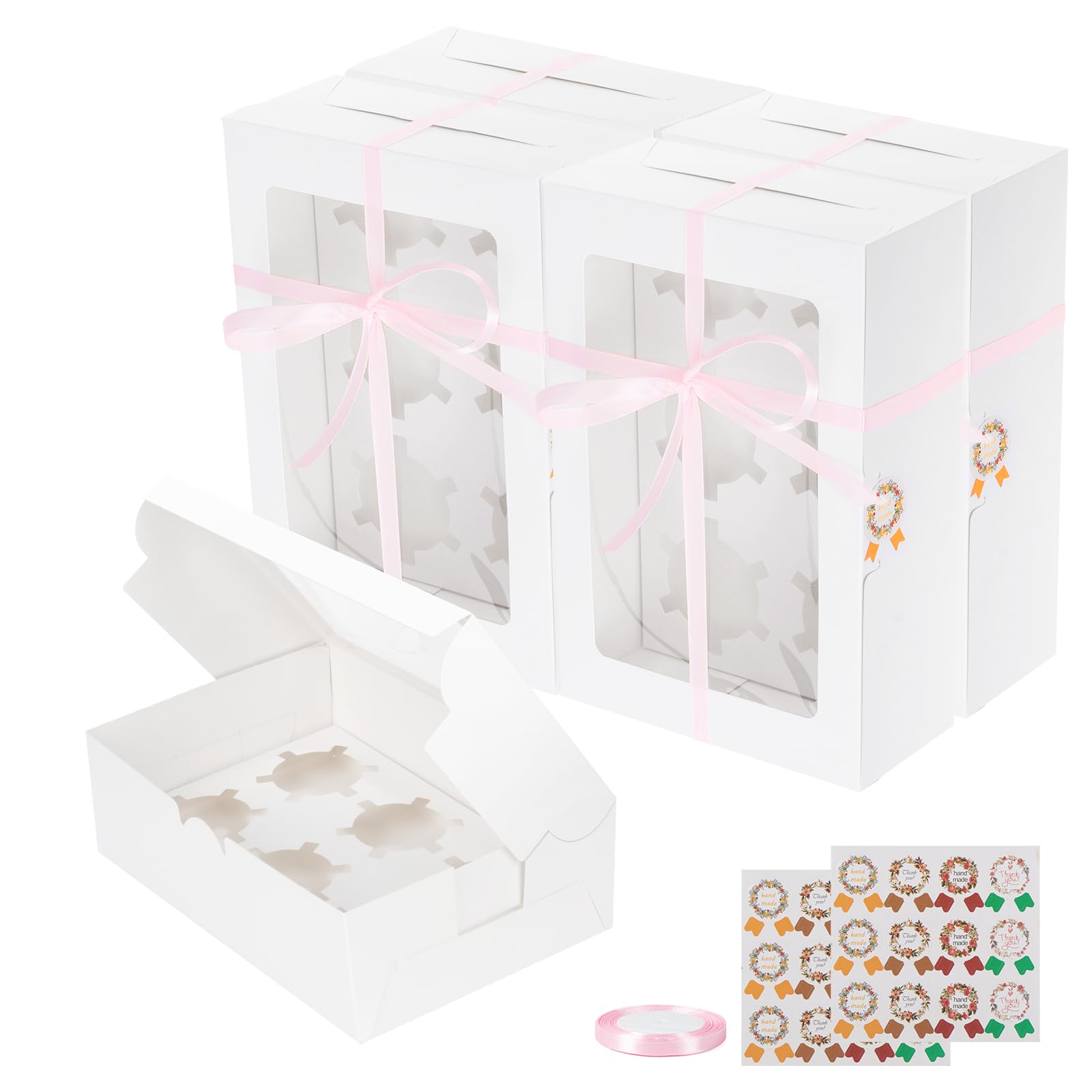 Fippy 20 Pieces Cupcake Boxes 6 Hole with Window, Pastry Gift Boxes for Cupcake Pastry Cookies Desserts, White