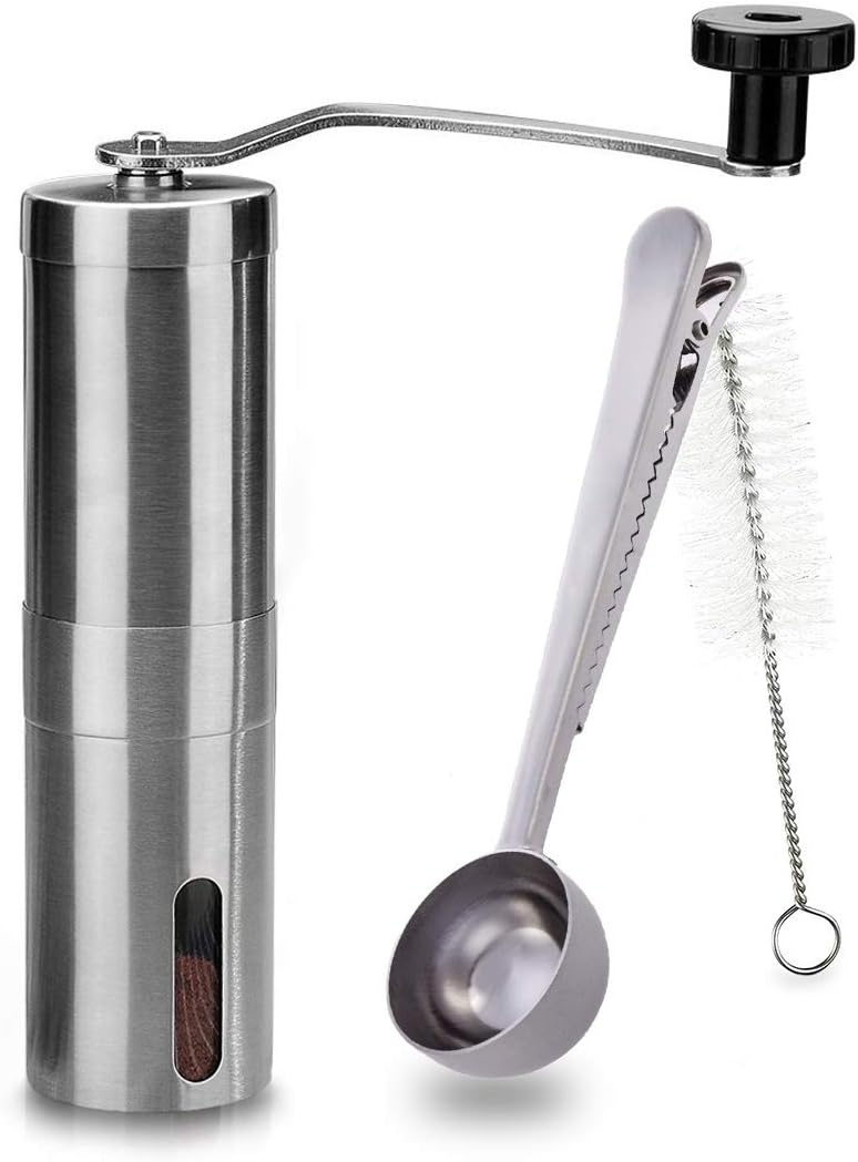 Manual Coffee Grinder with Adjustable Setting - Conical Burr Mill & Brushed Stainless Steel - Burr Coffee Grinder for Aeropress, Drip Coffee, Espresso, French Press, Turkish Brew