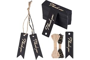 CRAFTYMELODY 100Pcs Thank You Tags Black Paper Thank You Gift Tags with Strings Paper Hanging Tag Exquisite Hangtags for Wedd