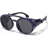 MUDIWRLO Polarized Round Steampunk Sunglasses with Leather Side Double Bridge Shield Retro Eyewear for Men Women