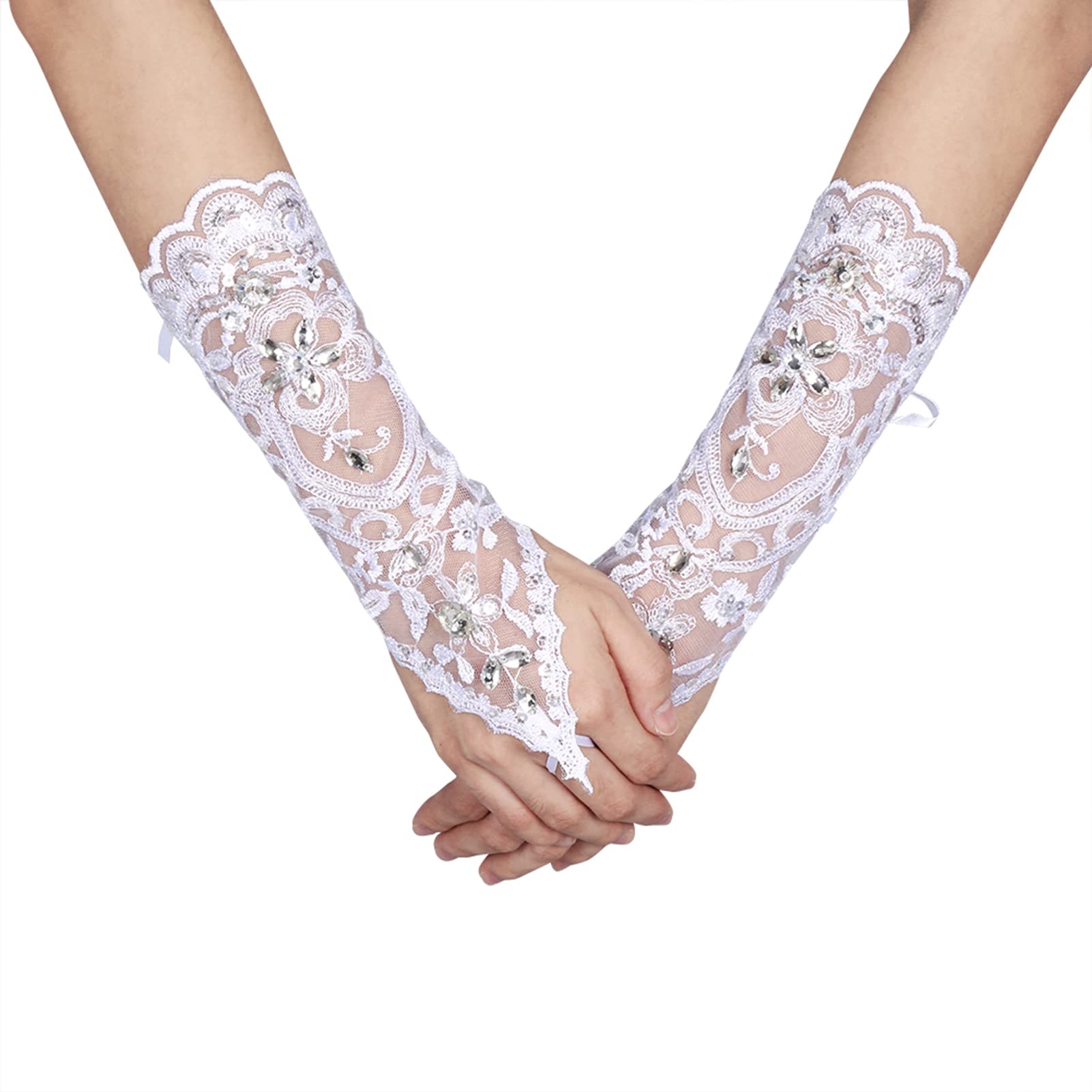 Zerodis Lace Fingerless Gloves for Brides, Ivory Rhinestone Wedding Accessories, 27.5cm Length