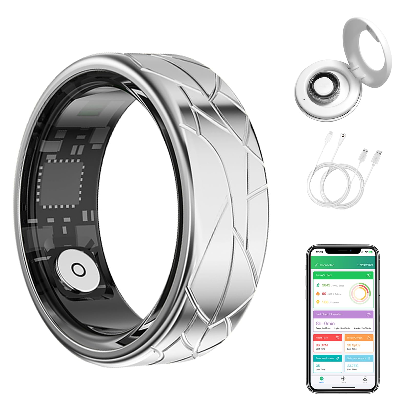 Photo 1 of GenXenon Smart Ring for Women Men, Heart Rate/Blood Oxygen/Sleep Tracker/Step Counter, Fitness Ring with Magnetic Charging Case, 5ATM Waterproof for iOS & Android, No Subscription Fee (Silver 11-1)