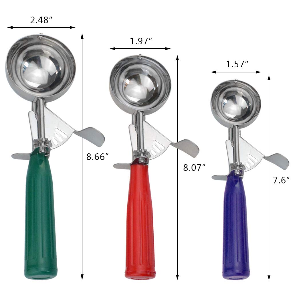 mifengda 3 Sizes Ice Cream Scoops Ice Cream Scoop With Trigger Release Cake Trigger Cookie Scoop Set Stainless Steel Spoon Scoopers With Plastic Handle for Kids & Families, 3Colors(Green, Red, Purple)