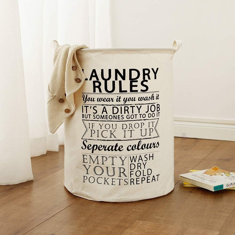HOUSE OF WAX® Foldable Round Large Collapsible Laundry Hamper Dirty Clothes Storage Basket Toys Organizer Bag Elegant Letter Laundry Bucket with Handles (Laundry Rules)(White)