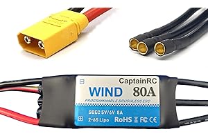 captainrc 80A ESC with 5V 6V/8A BEC 2-6S Electric Speed Controller with XT60 & 3.5mm Bullet Plugs for Fixed Wing Airplane/RC Drone Airplane/Brushless Motors