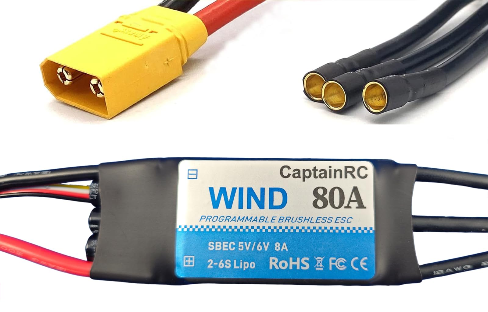 Photo 1 of captainrc 80A ESC with 5V 6V/8A BEC 2-6S Electric Speed Controller with XT60 & 3.5mm Bullet Plugs for Fixed Wing Airplane/RC Drone Airplane/Brushless Motors
