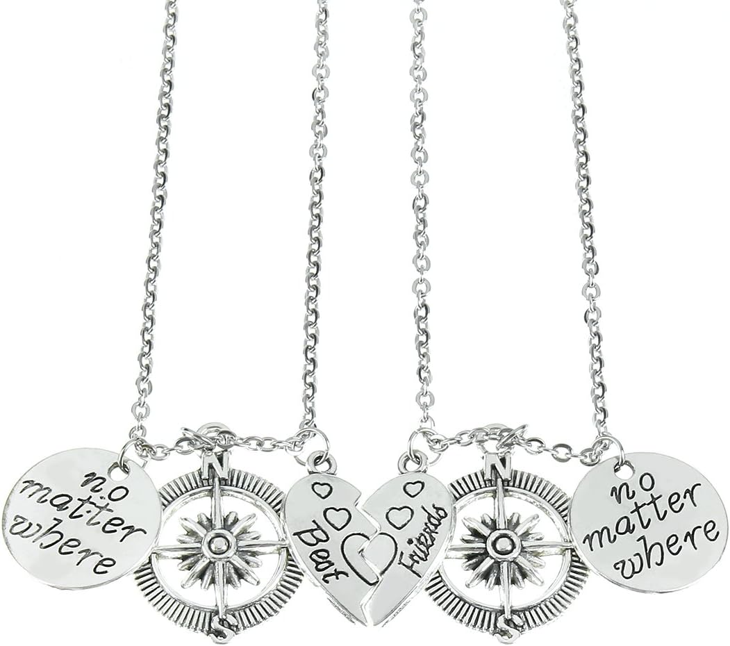 BBF No Matter Where Compass Necklaces Set Heart , Best Friend Necklaces 2 Piece Half Broken Heart Necklace (heart)
